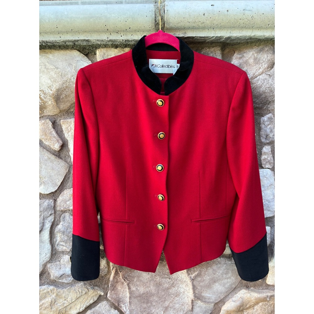 JH Collectibles Wool Blazer Sz 8 Red Matching Band Black Velvet Trim Gold